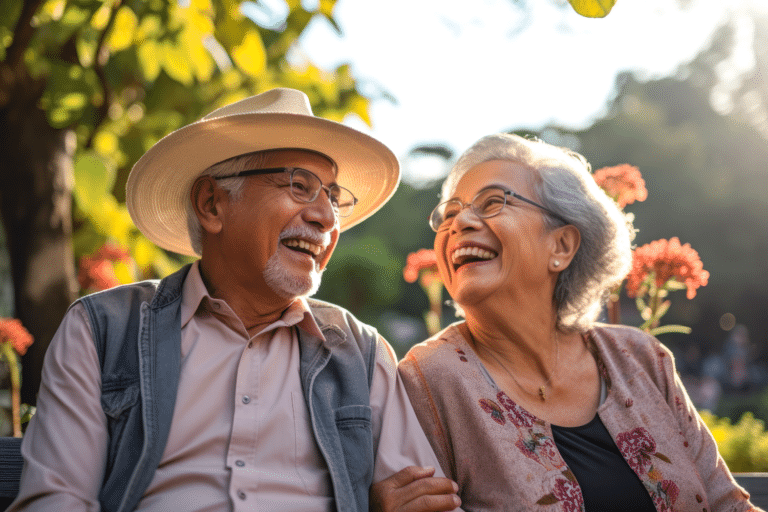 Two happy old folks sitting outside!